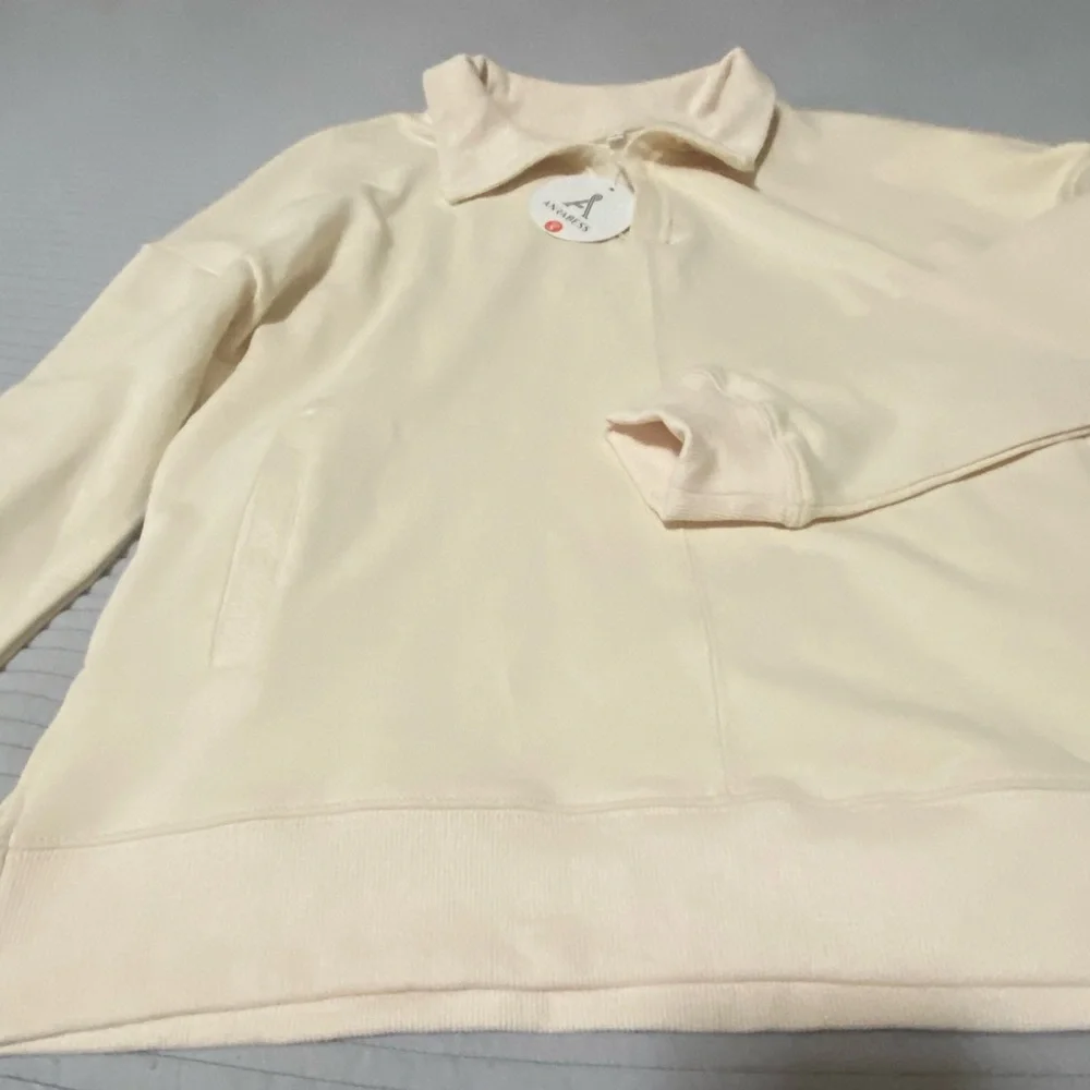 ANRABESS Women Oversized Long Sleeve side pockets Cream sweatshirt Pullover NEW - Picture 5 of 6